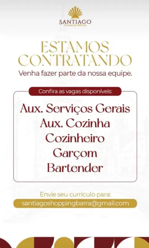 5 Vagas de emprego para Aux Serviços Gerais, Aux Cozinha, Cozinheiro, Garçom, Bartender na empresa Santiago Culinária Ibérica em 11/09
