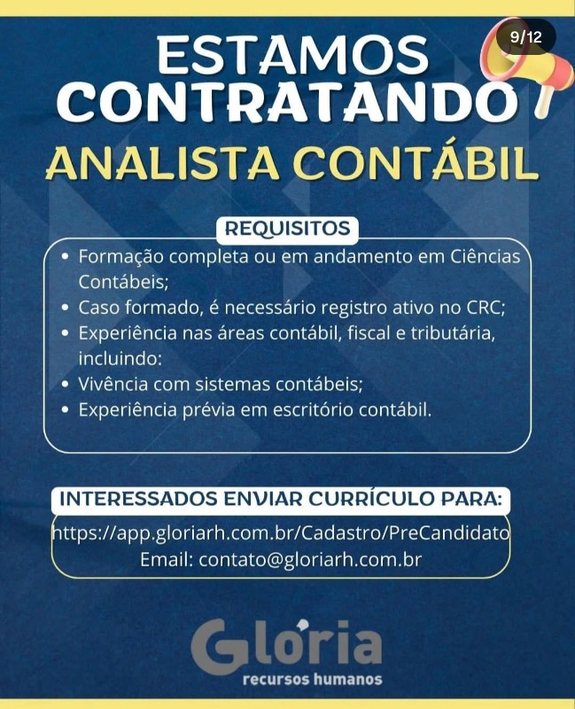 1 Vaga de emprego para Analista Contábil na empresa Glória Recursos Humanos em 18/09