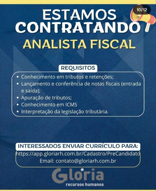 1 Vaga de emprego para Analista Fiscal na empresa Glória Recursos Humanos em 18/09