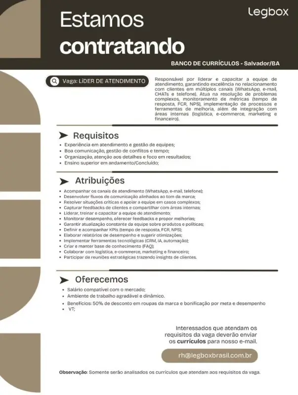 1 Vaga de emprego para Líder De Atendimento na empresa Legbox Brasil em 11/09