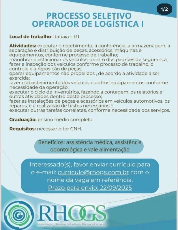 1 Vaga de emprego para Operador De Logística I na empresa Rhogs, Itatiaia Rj em 20/09