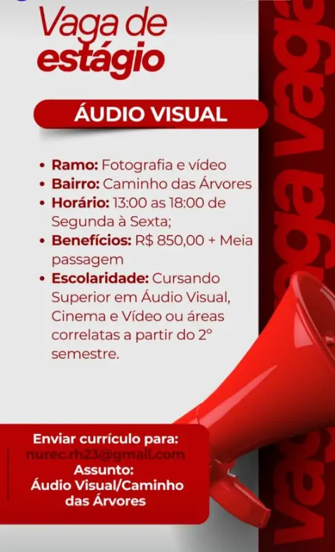 1 Vaga de emprego para Estágio Áudio Visual na empresa Nurec em 11/09