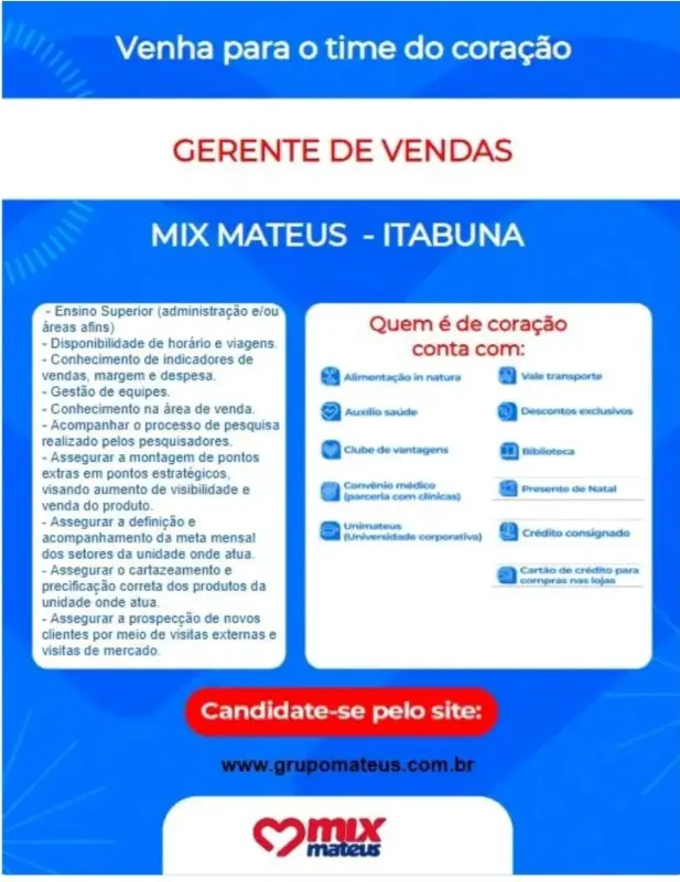 1 Vaga de emprego para Gerente De Vendas na empresa Mix Mateus em 10/09