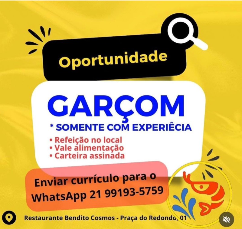 1 Vaga de emprego para Garçom na empresa Restaurante Bendito Cosmos em 18/09