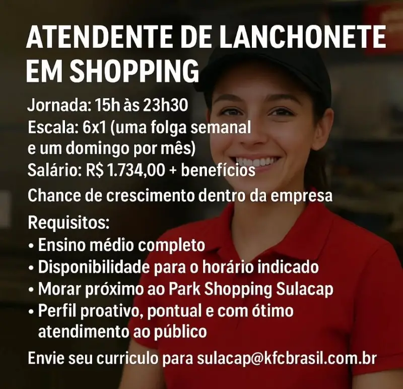 1 Vaga de emprego para Atendente De Lanchonete De Shopping na empresa Kfc Brasil em 09/09