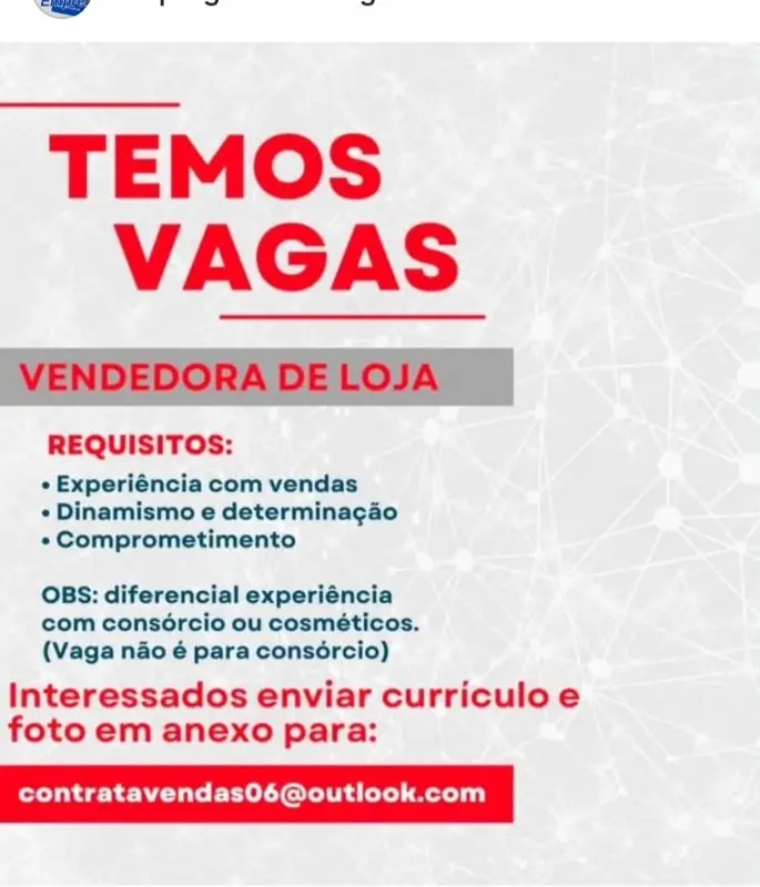 1 Vaga de emprego para Vendedora De Loja na Cidade Salvador em 11/09