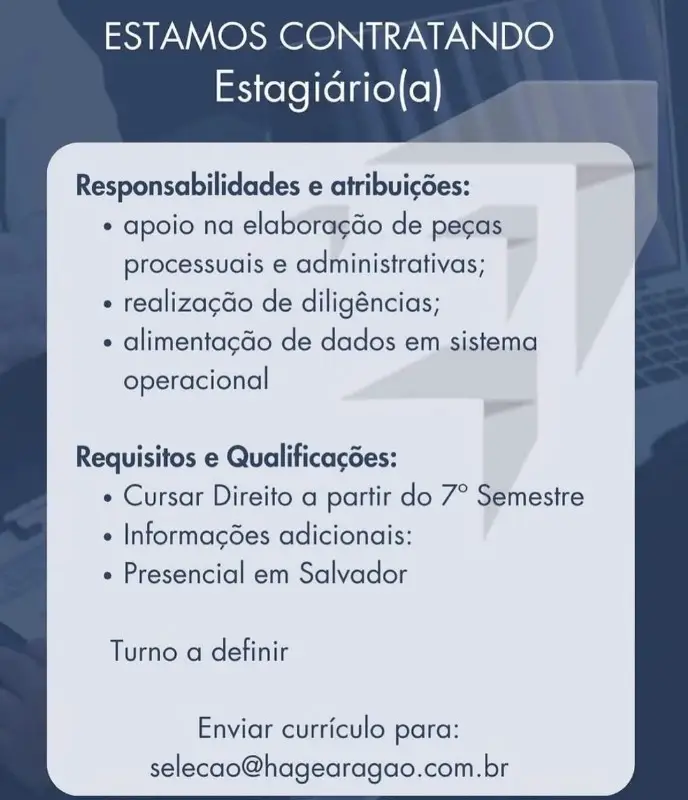 1 Vaga de emprego para Estagiário A na empresa Hag e Aragão em 11/09