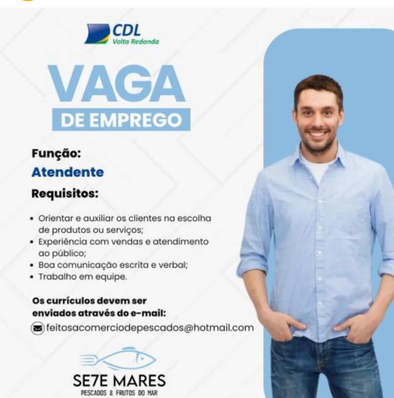1 Vaga de emprego para Atendente na empresa Sete Mares Pescados & Frutos Do Mar, Volta Redonda em 20/09