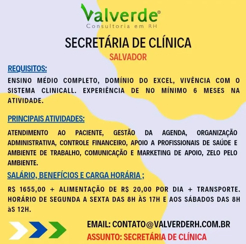 1 Vaga de emprego para Secretária De Clínica na empresa Valverde Consultoria RH em 11/09