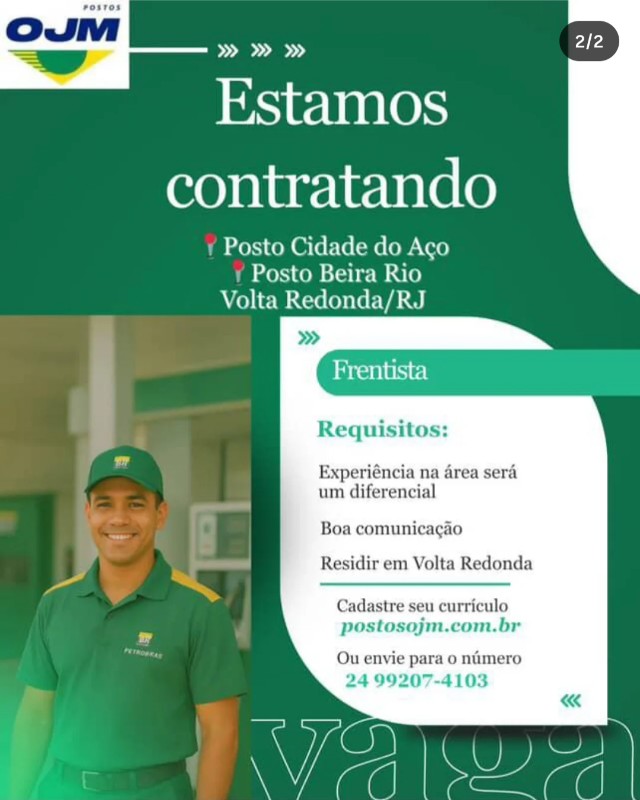 1 Vaga de emprego para Frentista sem experiência na empresa Postos Ojm, Volta Redonda Rj em 20/09