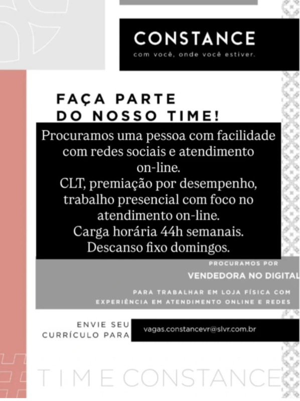 1 Vaga de emprego para Vendedora Digital na empresa Constance, Volta Redonda em 20/09