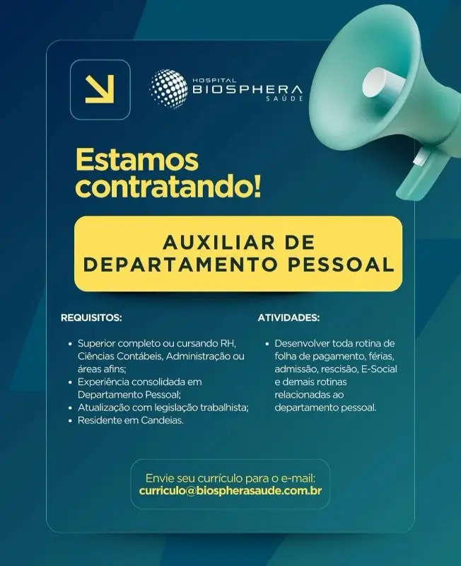 1 Vaga de emprego para Auxiliar De Departamento Pessoal na empresa Hospital Biosphera Saúde em 11/09