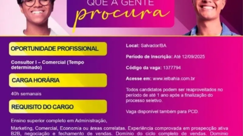 1 Vaga de emprego para Consultor I Comercial na empresa IEL Bahia em 11/09