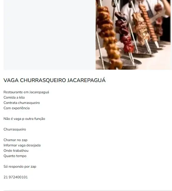1 Vaga de emprego para Churrasqueiro na empresa Restaurante Jacarepaguá em 11/09