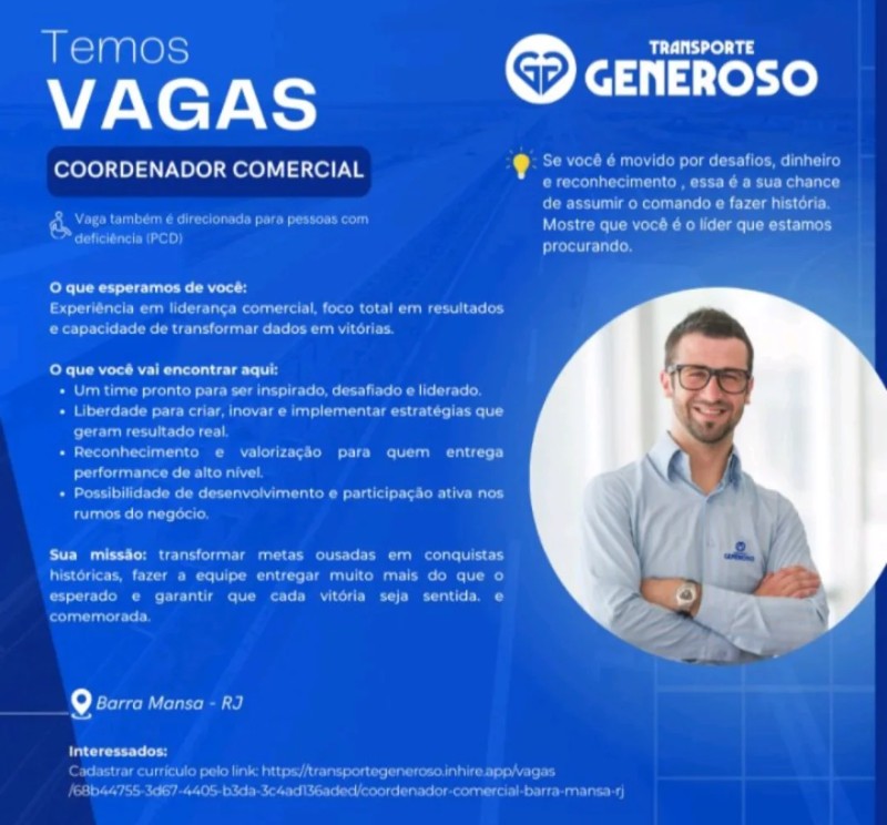 1 Vaga de emprego para Coordenador Comercial na empresa Transporte Generoso, Barra Mansa Rj em 20/09