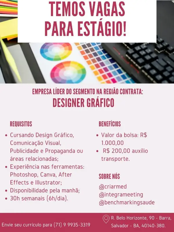 1 Vaga de emprego para Estágio Designer Gráfico na empresa Criar Med, Integra Meeting, Benchmarking Saúde em 11/09
