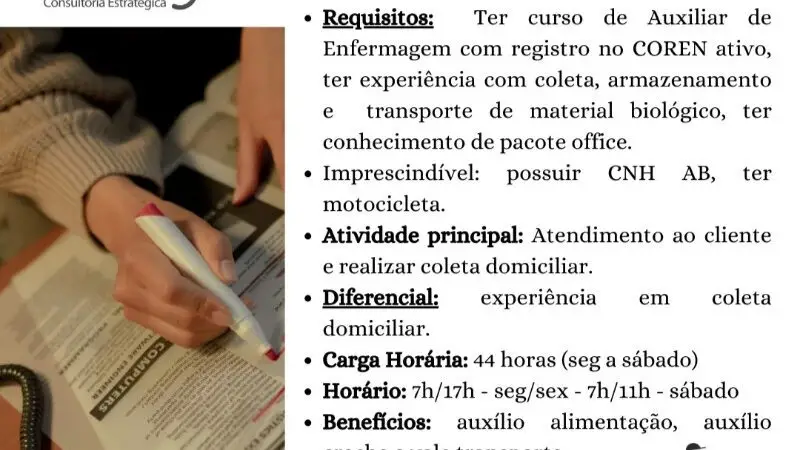1 Vaga de emprego para Auxiliar De Enfermagem Coletador na empresa Inteligir Consultoria Estratégica em 11/09