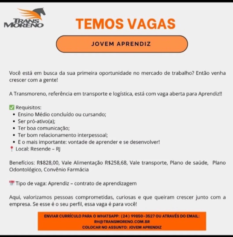 1 Vaga de emprego para Jovem Aprendiz na empresa Transmoreno, Resende Rj em 20/09