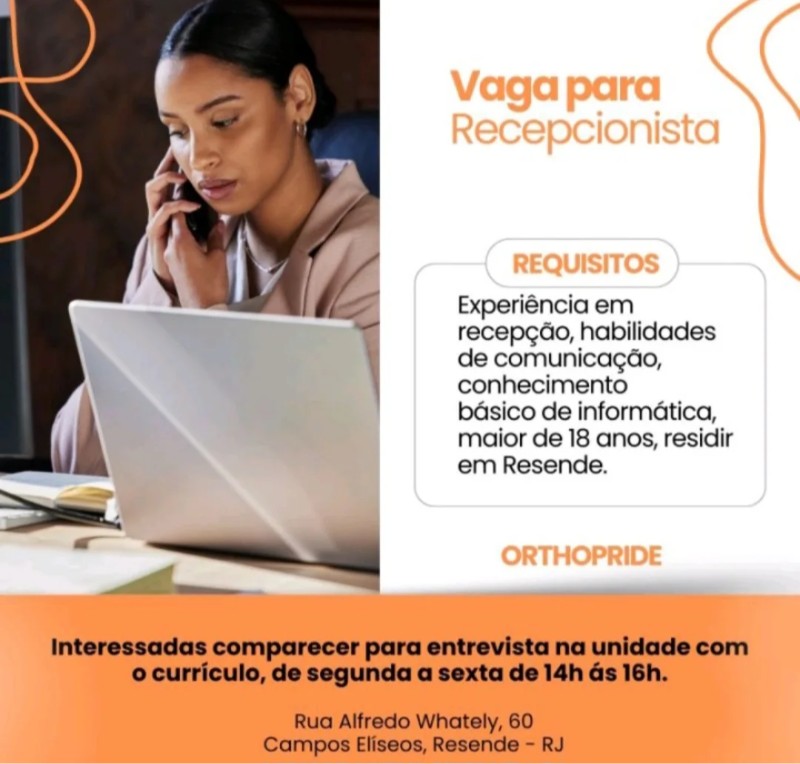 1 Vaga de emprego para Recepcionista na empresa Orthopride, Resende Rj em 20/09