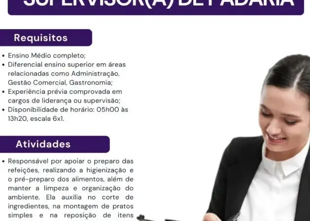 1 Vaga de emprego para Supervisor De Padaria no bairro de Eusébio em 11/09
