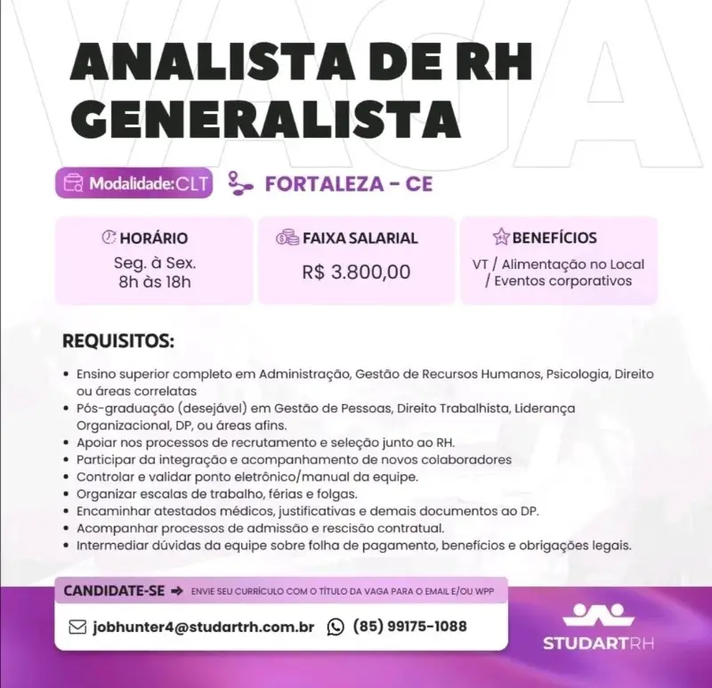 1 Vaga de emprego para Analista De Rh na empresa Studart em 10/09