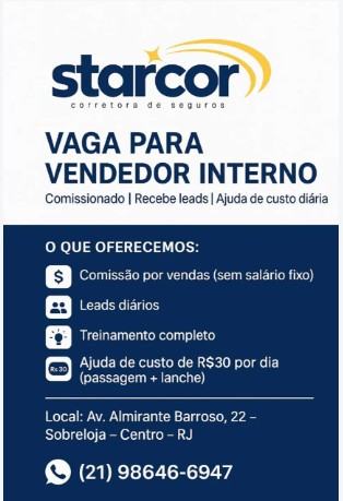1 Vaga de emprego para Vendedor Interno na empresa Starcor Corretora de Seguros em 23/09