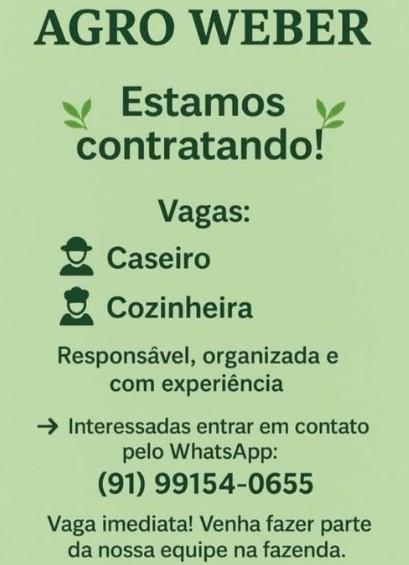 1 Vaga de emprego para Caseiro Cozinheira na empresa AGRO WEBER em 06/09