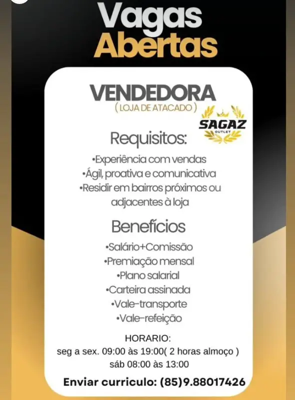 1 Vaga de emprego para Vendedora na empresa Sagaz Outlet em 10/09