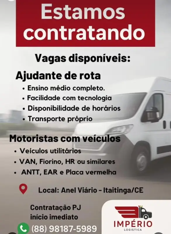 2 Vagas de emprego para Ajudante De Rota, Motorista na empresa Império Logística em 11/09