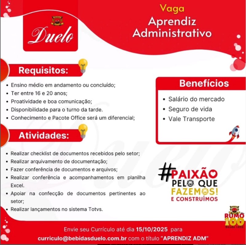 1 Vaga de emprego para Aprendiz Administrativo na empresa DUELO em 27/09