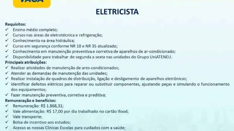 1 Vaga de emprego para Eletricista na empresa UniAteneu em 10/09