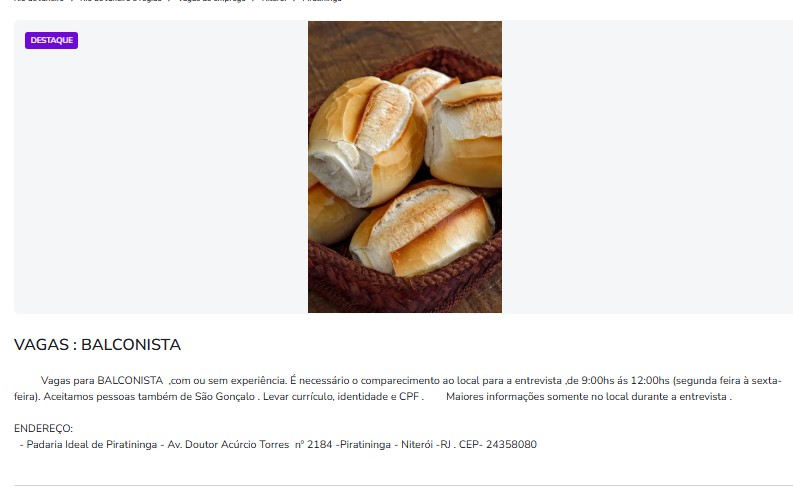 1 Vaga de emprego para Balconista na empresa Padaria em 24/09