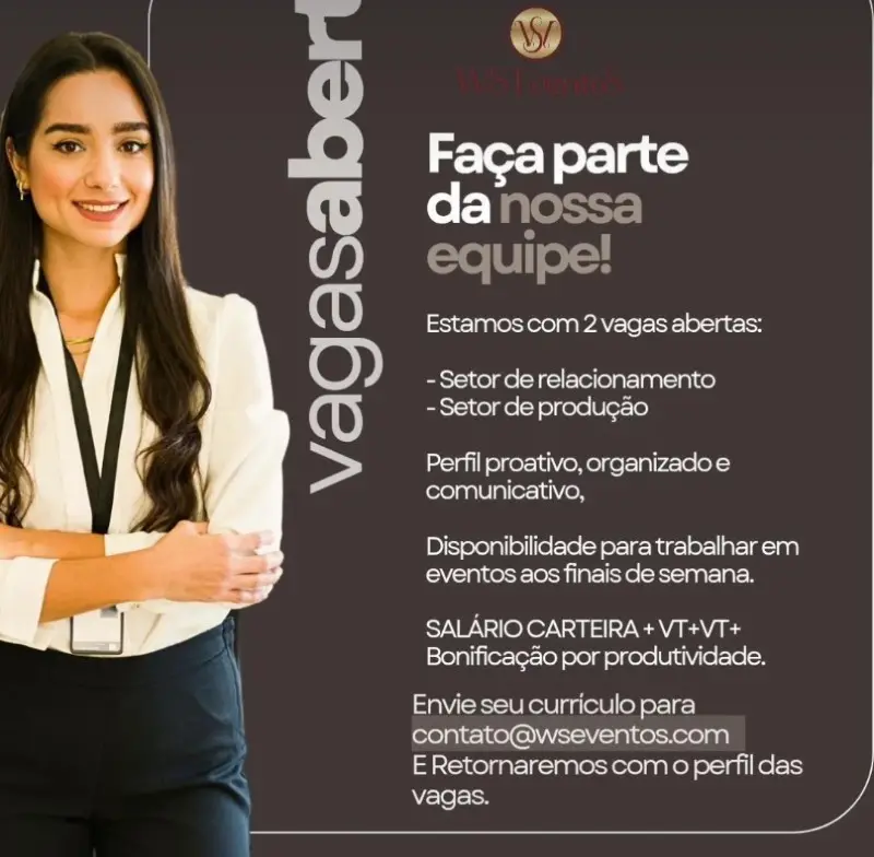 2 Vagas de emprego para Auxiliar De Relacionamento, Auxiliar De Produção na empresa WS Eventos em 11/09