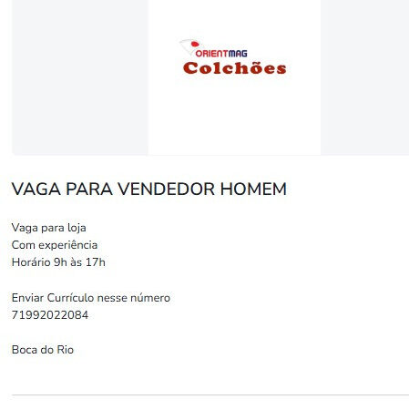 1 Vaga de emprego para Vendedor na empresa OrientMag Colchões em 11/09