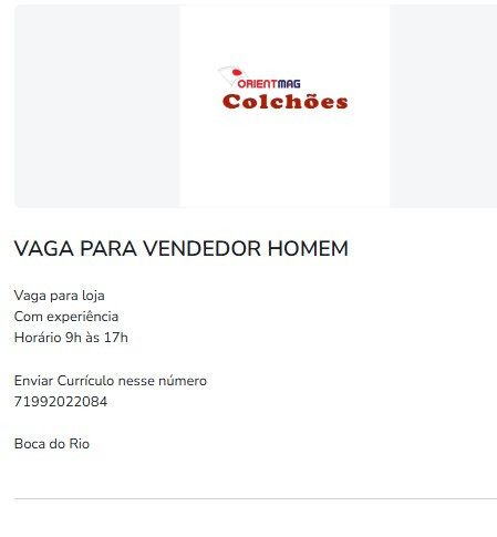 1 Vaga de emprego para Vendedor na empresa OrientMag Colchões em 11/09