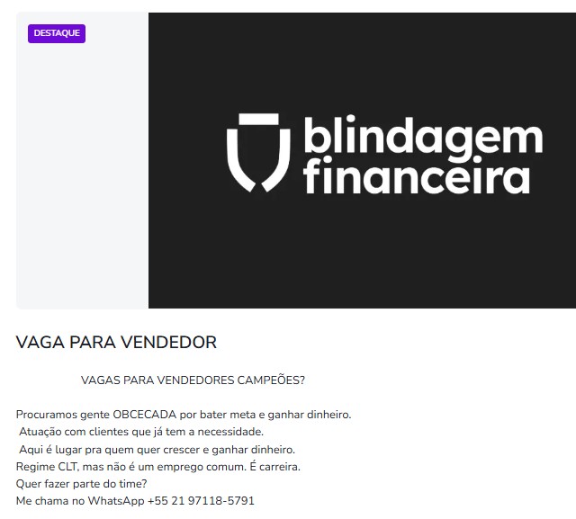 1 Vaga de emprego para Vendedor na empresa Blindagem Financeira em 23/09