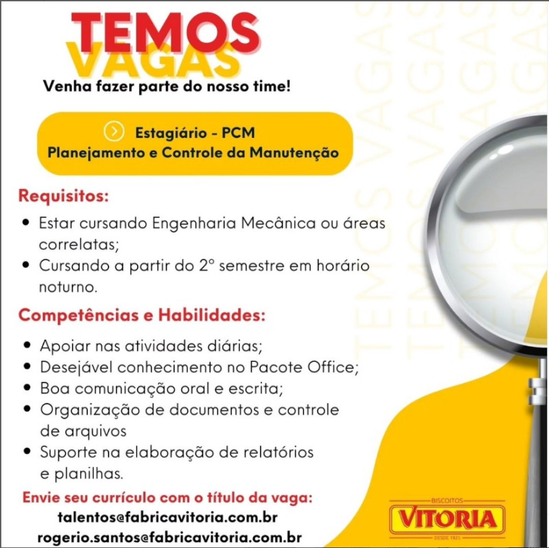 1 Vaga de emprego para Estagiario Planejamento E Controle Da Manutenção na empresa VITORIA em 19/09
