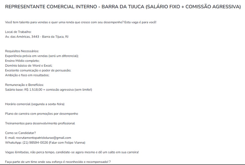 1 Vaga de emprego para Representante Comercial Interno sem experiência no Bairro Barra da Tijuca em 23/09