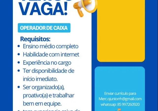 1 Vaga de emprego para Operador De Caixa Diário na empresa Junior Mercados em 08/09