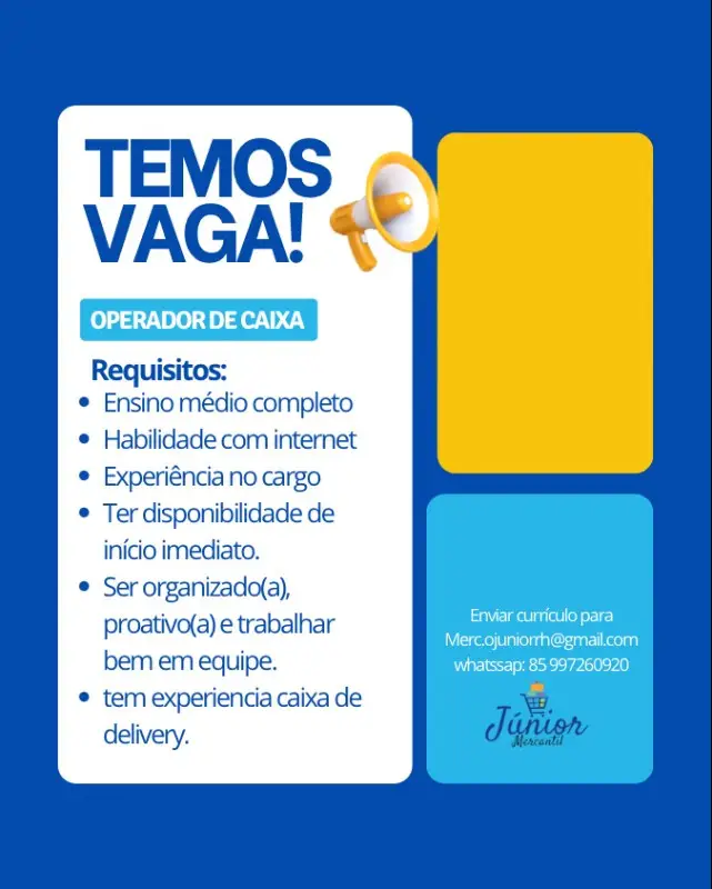 1 Vaga de emprego para Operador De Caixa Diário na empresa Junior Mercados em 08/09