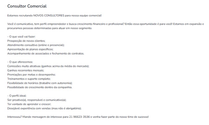 1 Vaga de emprego para Consultor Comercial sem experiência na Cidade Rio de Janeiro em 23/09