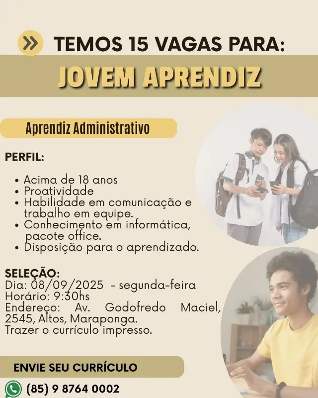 1 Vaga de emprego para Jovem Aprendiz no bairro de Maraponga em 08/09