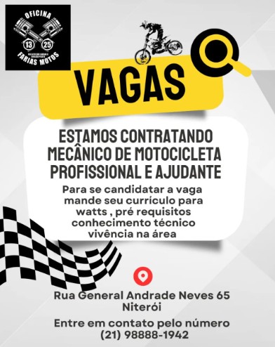 1 Vaga de emprego para Mecânico De Motocicleta Profissional, Ajudante na empresa Oficina Farias Motos em 25/09