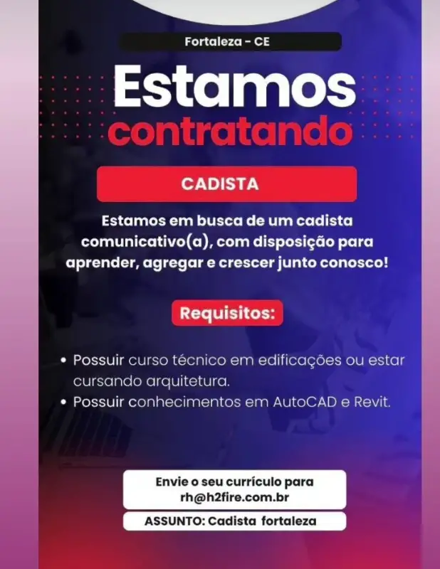 1 Vaga de emprego para Cadista na empresa H2 Fire em 11/09