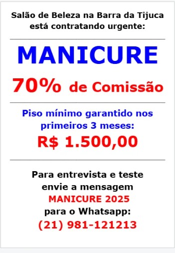 1 Vaga de emprego para Manicure na empresa Salão de Beleza  Barra da Tijuca em 25/09