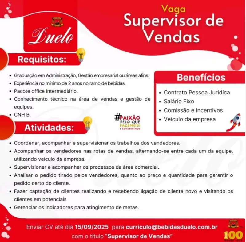 1 Vaga de emprego para Supervisor De Vendas na empresa DUELO em 06/09