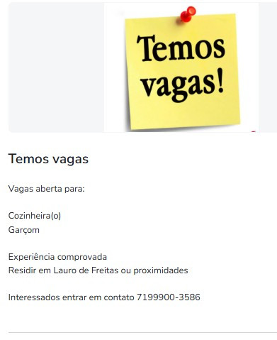 2 Vagas de emprego para Cozinheira O, Garçom no Bairro Lauro de Freitas em 11/09
