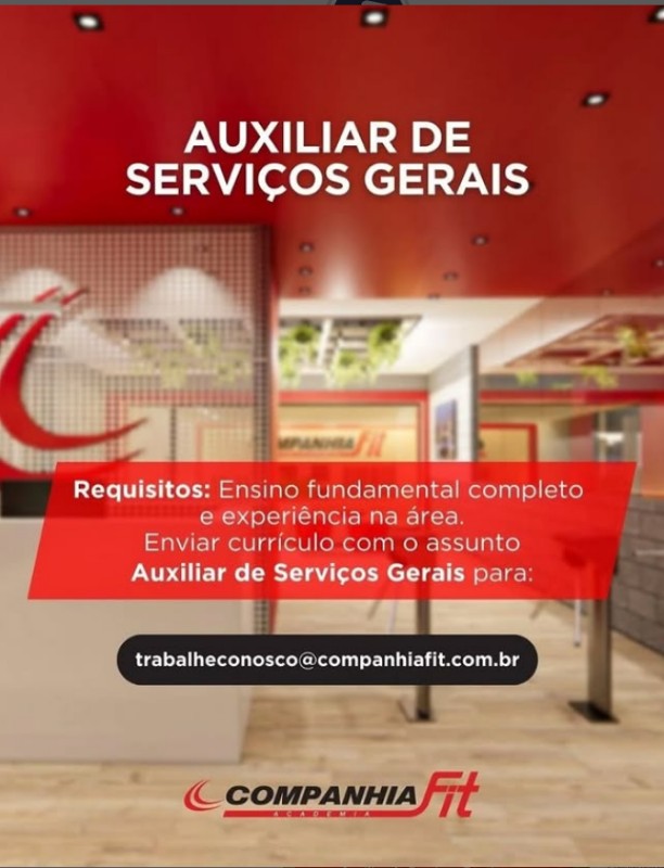 1 Vaga de emprego para Auxiliar De Serviços Gerais na empresa Companhia Fit em 19/09
