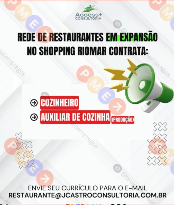 2 Vagas de emprego para Cozinheiro, Auxiliar De Cozinha na empresa Access Consultoria em 26/09