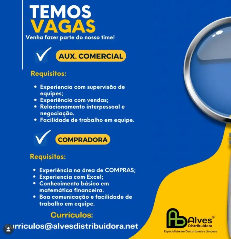 2 Vagas de emprego para Auxiliar Comercial, Comprador na empresa Alves Distribuidora em 11/09
